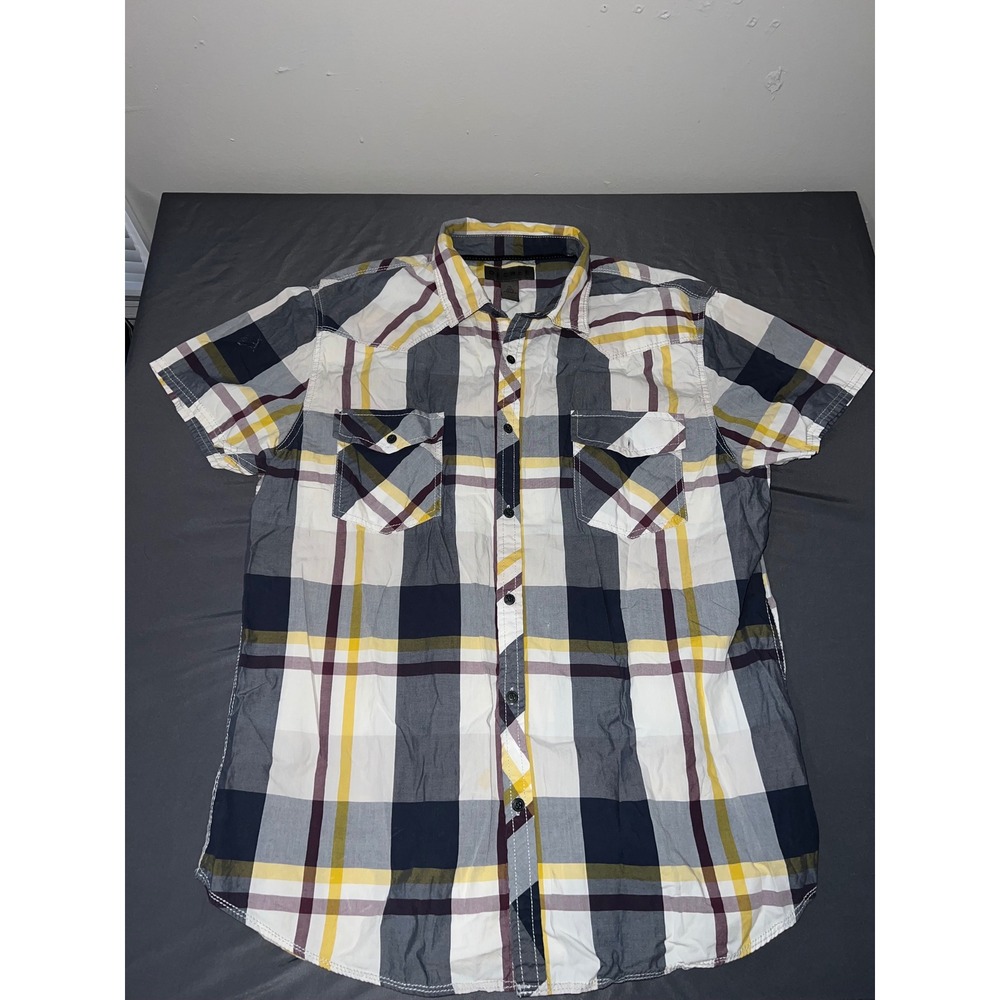 Decree Mens XL Short Sleeve Plaid Western Button Up Shirt White Navy Yellow